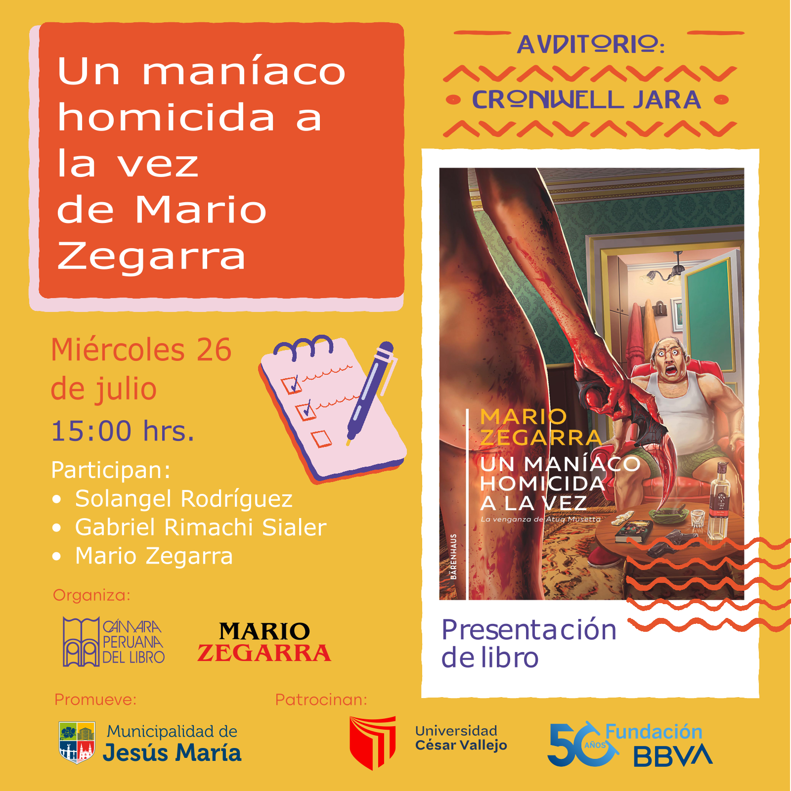 Presentación de "Un maníaco homicida a la vez", Feria del Libro de Lima, 26 de julio de 2023